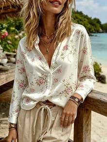 SHEIN Holidaya Women's New Autumn/Winter Printed Small Stand Collar Long Sleeve Blouse, Vintage Chic, French Elegant, Suitable For Daily Commute And Vacation - White - View 5