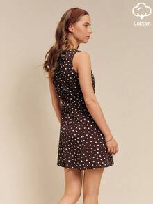 lacRébo Brown And White Polka Dot Sleeveless Cotton Mini Dress In Jersey With A Round Neckline Summer Vintage Casual Chic Brunch - Brown - View 2