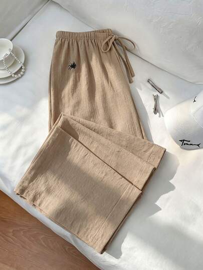 SHEIN EZwear Fashionable Versatile Commuter Casual Straight Leg Long Pants With French Minimalist Design, Exquisite Embroidery Accents, Slimming Lazy Style For Women, Spring/Summer