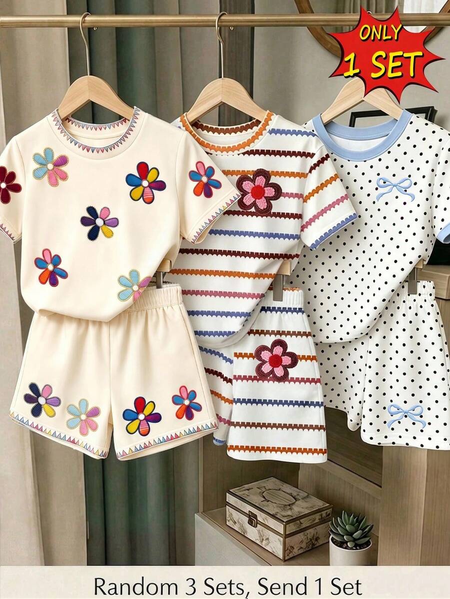 1套女童幼兒夏季短袖T恤與短褲兩件套,隨機發送3款中的1套,彩色花卉波點條紋刺繡設計,休閒外出百搭可愛夏季套裝 - 彩色 - 查看 1