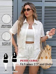 SHEIN PETITE CURVE Plus Size Women's Embroidered White Summer Boho Casual Beach Vacation Evening Formal Holiday Suit,Hollow Out Short Sleeve Shirt Crochet Shorts - White - View 3