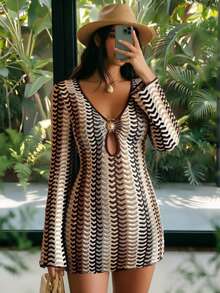 SHEIN Swim ملابس علوية نسائية شفافة مزينة بقطعة معدنية أمامية، قماش شبكي نسيج مثير، مناسبة للربيع والصيف - متعدد الألوان - مشاهدة 1