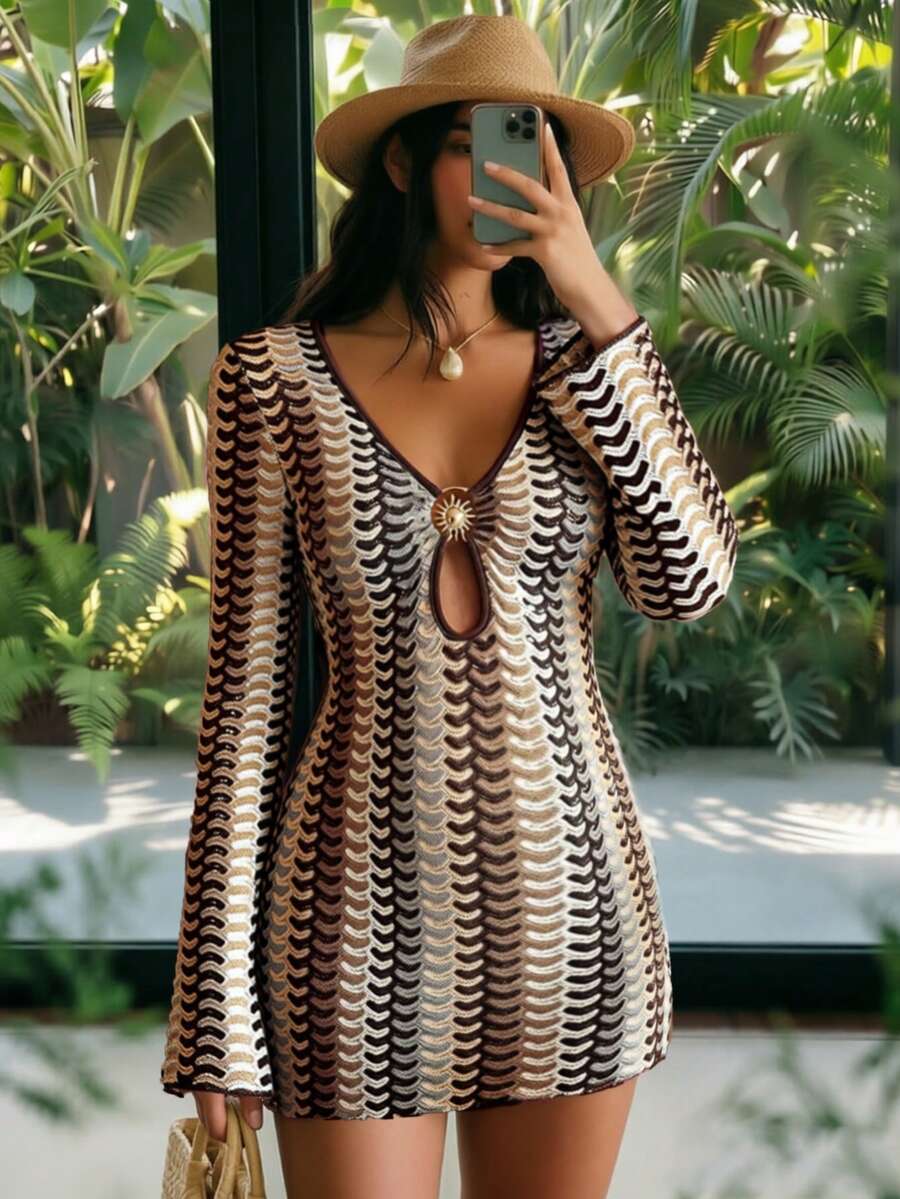 SHEIN Swim ملابس علوية نسائية شفافة مزينة بقطعة معدنية أمامية، قماش شبكي نسيج مثير، مناسبة للربيع والصيف - متعدد الألوان - مشاهدة 1