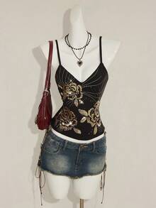 SHEIN ICON Y2K夏季女士外出复古波西米亚风度假闪亮亮片刺绣吊带背心 - 黑色和金色 - 查看 5