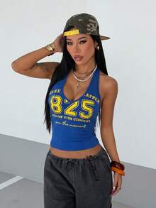Fiercella Fiercella 女款春夏藍色V領數字學院風印花街頭風性感休閒細肩帶背心，適合度假、音樂節、Y2K - 寶藍色 - 查看 4