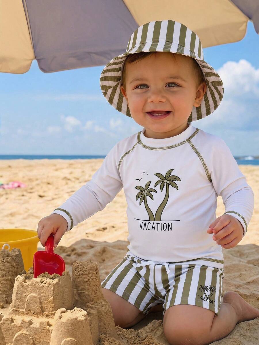 SHEIN 2pcs Baby Boy Summer Casual Vacation Swimwear Set, Includes Swimsuit Top And Striped Swim Trunks/Shorts, Suitable For Beach, Pool, Spa - Multicolor - View 1