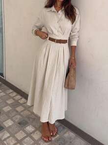 Siren Gaze Women's Solid Color Pleated Cinched Waist Dress, Elegant Casual Office Wear Shirt Dress Beige Autumn - Apricot - View 8