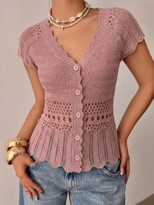 Gaivellea Women's Minimalist French Romantic Paris Solid Color Knit Top Vacation Dusty Pink Summer Brunch Tea Party - Pink - View 7