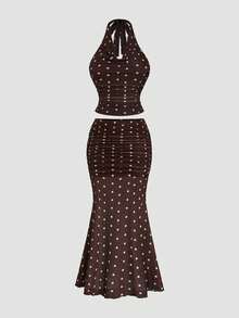 Sweetra Damen 2-teiliges Set: Spaghettiträger-Cowl-Neck-Pullover-Camisole-Top & figurbetonter Rock mit Polka-Dot-Blumenmuster und Meerjungfrauen-Saum, eleganter Vintage-Urlaubsstil - Kaffeebraun - Übersicht 4