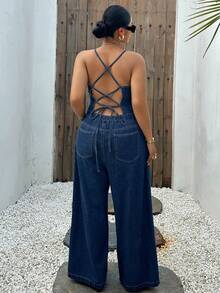 Dazy Plus Dark Wash Blue Stylish Western Denim Strapless Sleeveless Jumpsuit Spring Summer Vacation Style Casual Plus Size Women - Dark Wash - View 6