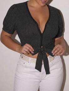 Dazy Plus Camiseta ajustada de manga corta con cuello redondo y bloques de color a rayas, primavera/verano - Negro - Ver 4