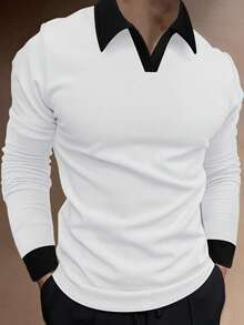 Manfinity Homme Men's Contrast Color Casual Commute Long Sleeve Polo Shirt - White - View 1