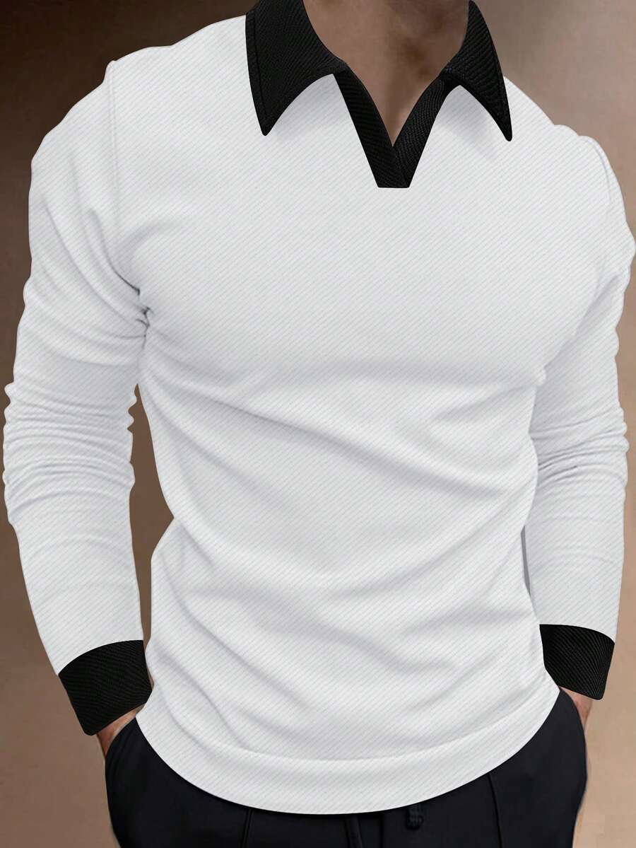 Manfinity Homme Men's Contrast Color Casual Commute Long Sleeve Polo Shirt - White - View 1