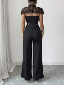 SHEIN Elenzya Women's Contrast Lace Stand Collar Elegant Wide Leg Jumpsuit - Black - View 2