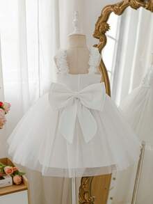 Glamorique Kids 女童花朵肩帶露背網紗公主裙，花童生日派對禮服，嬰兒女寶寶蕾絲秋季洋裝 - 白色 - 查看 8
