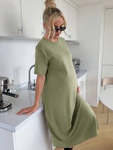 Slowluna 孕婦純色圓領短袖休閒寬鬆連身裙 - 綠色 - 查看 6
