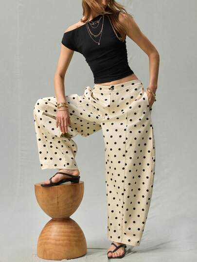 SHEIN Damen Polka Dot gebogene Taille hohe Taille locker schlankmachend modisch lässig vielseitig retro weite Beine lange Hose