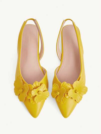 CUCCOO CHICEST Stylish Yellow Three-Dimensional Flower Flat-Bottomed Pointed Women's Shoes Commuter Versatile Elegant Vacation Women Side Slingback Shoes F