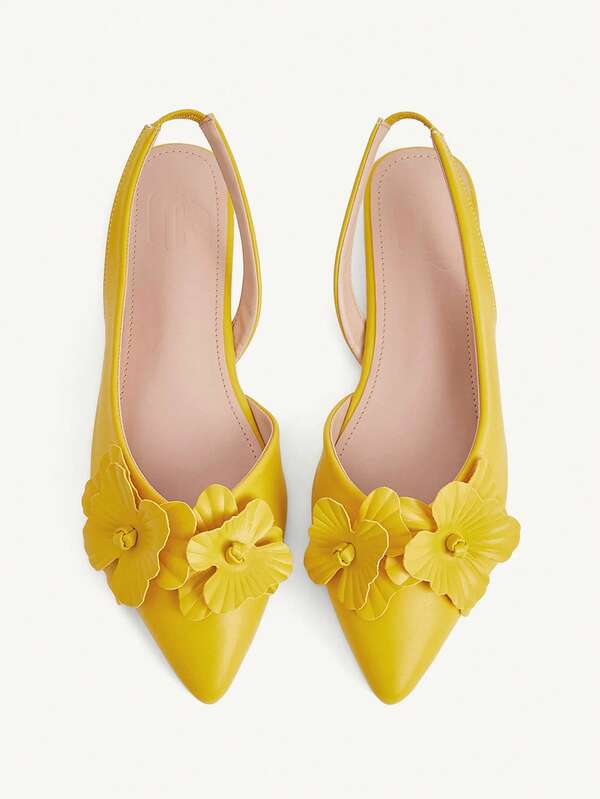 CUCCOO CHICEST Stylish Yellow Three-Dimensional Flower Flat-Bottomed Pointed Women's Shoes Commuter Versatile Elegant Vacation Women Side Slingback Shoes F