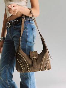 Viva Strut Túi đeo vai nữ thời trang cá tính phong cách đường phố ngọt ngào cool ngầu Y2K retro, da lộn nâu đính đinh tán vàng, dùng đi học, đi làm, mua sắm hàng ngày - Cà phê - Xem 1