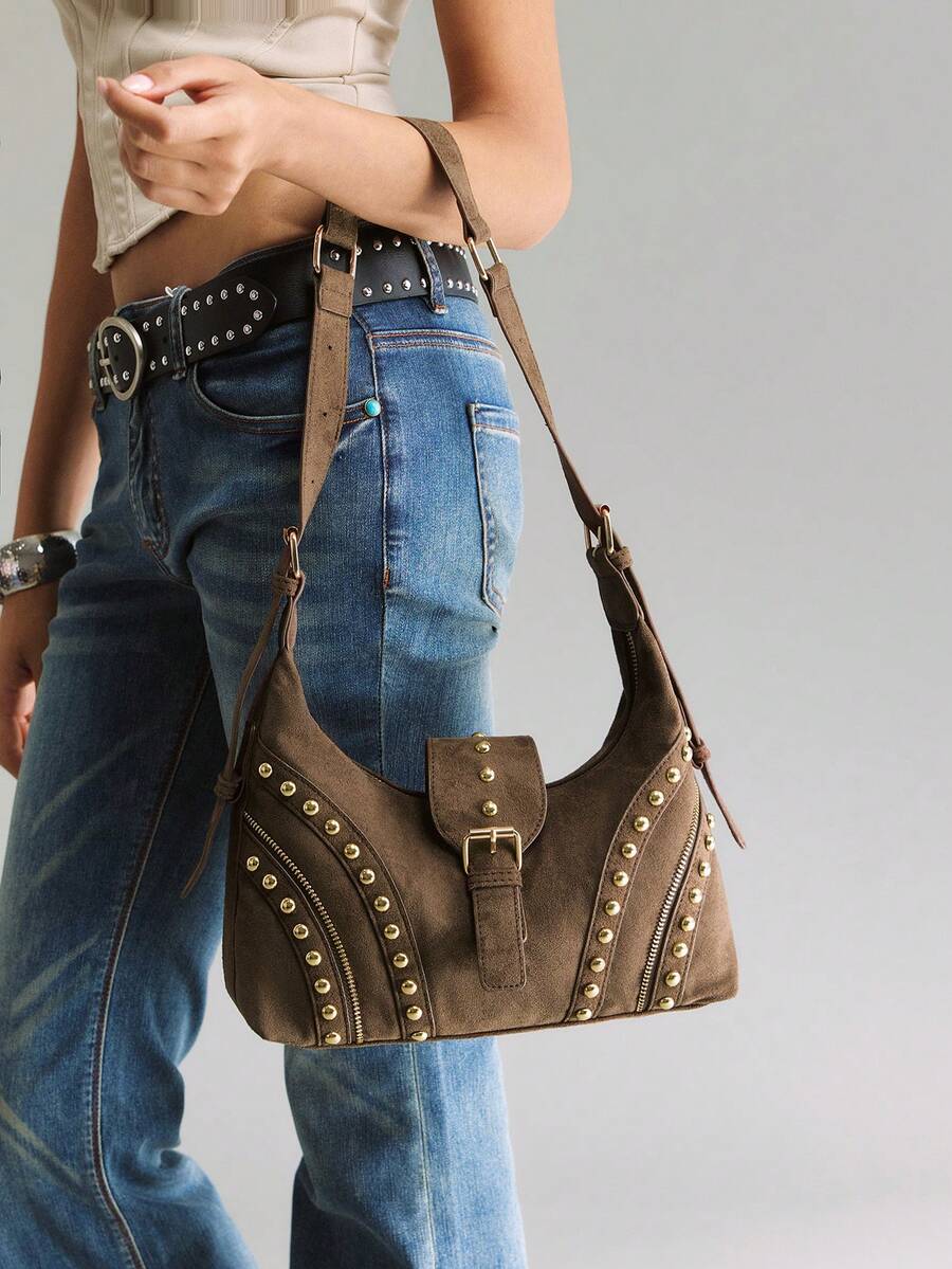 Viva Strut Túi đeo vai nữ thời trang cá tính phong cách đường phố ngọt ngào cool ngầu Y2K retro, da lộn nâu đính đinh tán vàng, dùng đi học, đi làm, mua sắm hàng ngày - Cà phê - Xem 1