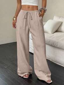 EMERY ROSE Pantalones casuales de mujer de unicolor con cintura elástica y cuerda decorativa, con bolsillos, talla grande, verano & otoño - Caqui - Ver 1