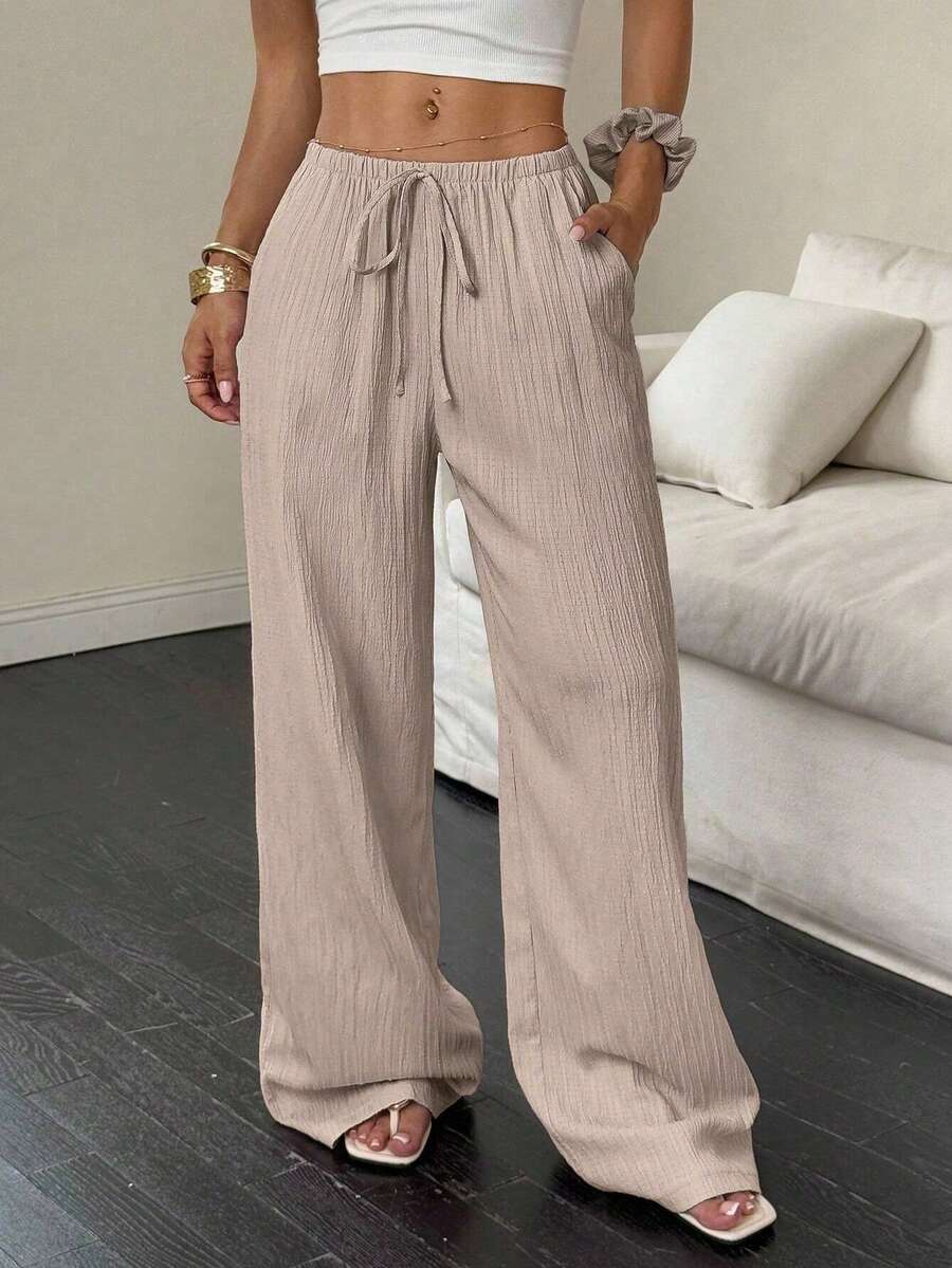EMERY ROSE Pantalones casuales de mujer de unicolor con cintura elástica y cuerda decorativa, con bolsillos, talla grande, verano & otoño - Caqui - Ver 1