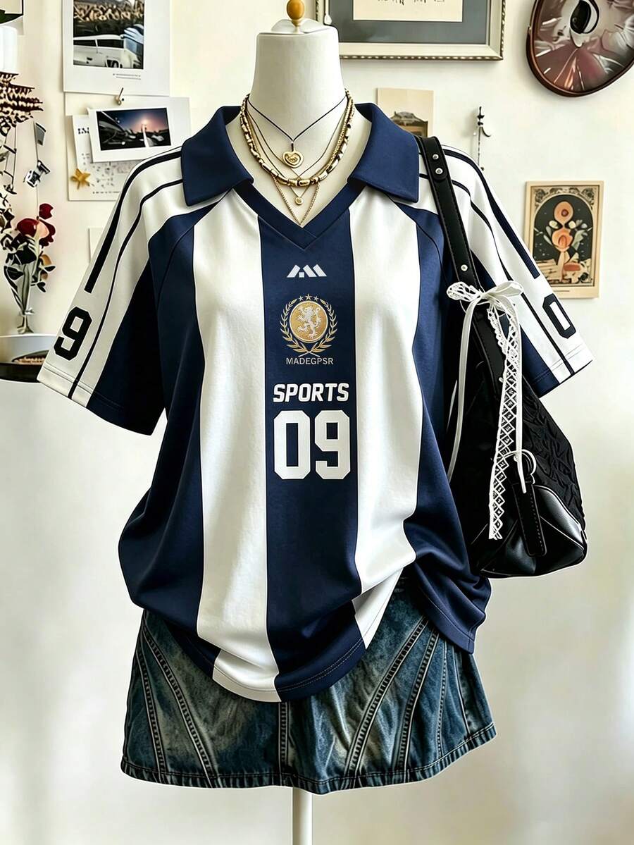 Lalippa 運動風條紋數位印花時尚簡約女款翻領V領落肩短袖T恤,送友禮物 - 彩色 - 查看 1