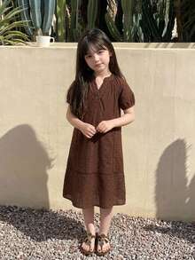Dazy Kids 女童純色V領休閒日常夏季洋裝 - 棕色 - 查看 6