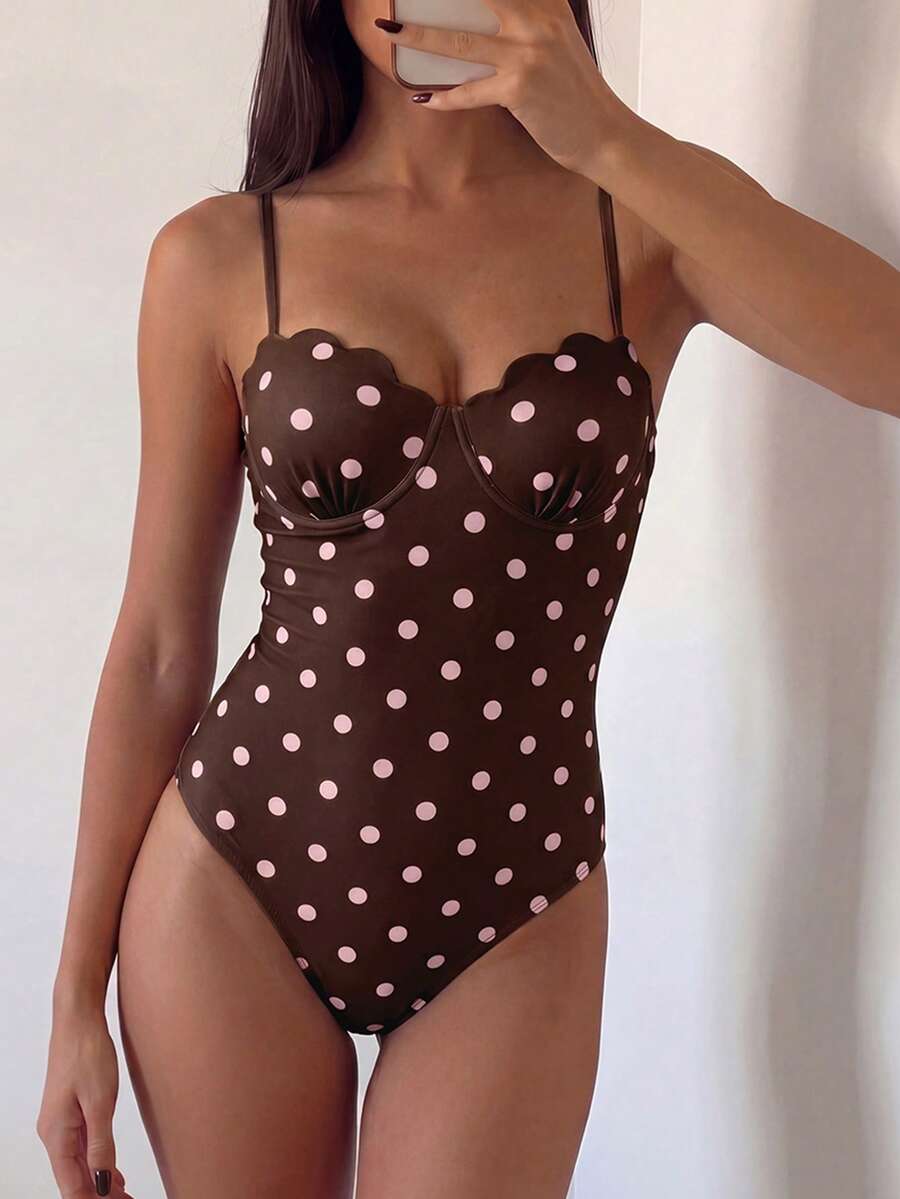 Bonvoyette 春夏季女款新款圓點印花貝殼式聚攏胸顯瘦綁帶露背一件式泳衣,適合度假與休閒 - 彩色 - 查看 1