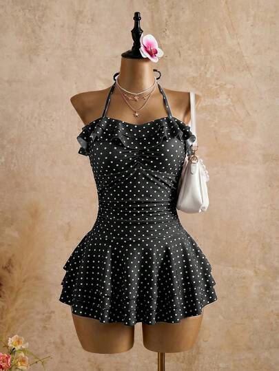 Bellisia Pink Wavy Sweet Cute Vintage Elegant Swim Dress Casual Vacation Beach Seaside Women's Swimwear