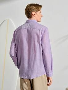 VeloEdit Men's Purple Solid Collar Long Sleeve Polyester Shirt, Button Front, Spring, Button Down Shirt, Casual, Comfortable, Versatile, Daily Wear, Gift For Father/ Husband Fall Winter - Purple - View 3