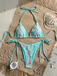 Costavie Swim MOD 女款性感比基尼兩件套 春夏度假款 彩色花卉亮片紋理面料 掛脖三角比基尼上衣搭配側綁帶比基尼褲 - 彩色 - 查看 6