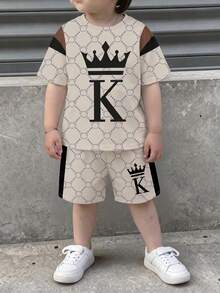 小男孩休閒極簡風T恤套裝，經典帥氣熊與復古圖案印花，經典King文字印花，K字母與皇冠圖案印花，適合春/夏季 - 彩色 - 查看 2