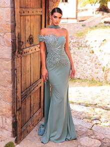 Glamrae Elegant Luxurious Beaded Bubble Diamond Applique Elastic Satin Ruched Patchwork Beaded Sequin Embroidered Sexy Strapless Mermaid Dress Suitable For Wedding Events, Bachelorette Party, Vacation, Prom, Holiday Party, Music Festival, Graduation Season, Evening Gala - Green - View 6
