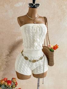 Soleia Women's Solid Color Casual Daily Strapless Romper - Beige - View 6
