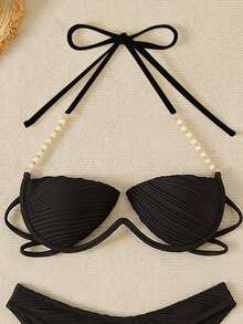 Swim SXY Conjunto de bikini con soporte rígido y recorte con perlas para mujer, ideal para el verano - Negro - Ver 3