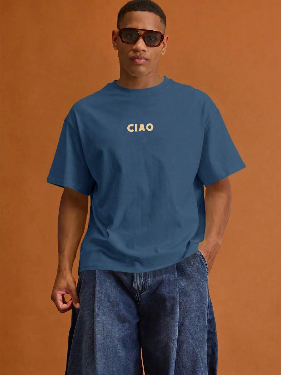 Musero Men Oversized Letter Front Chest Print Short Sleeve T-Shirt Summer Spring Vacation Holiday - Blue - View 1
