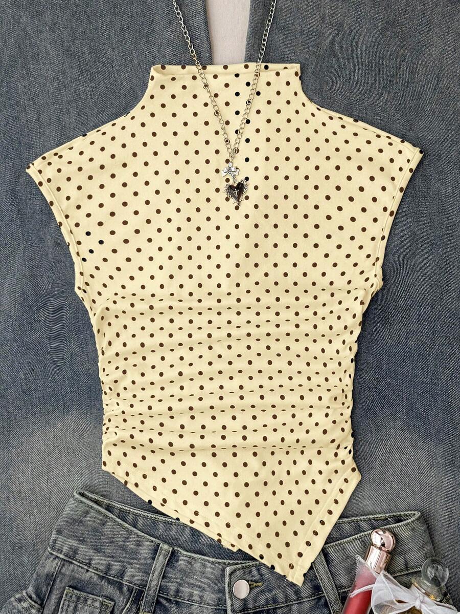SHEIN Tween女孩 T恤上衣 校園風 白色與黑色波點 可愛款 - 黃色 - 查看 1