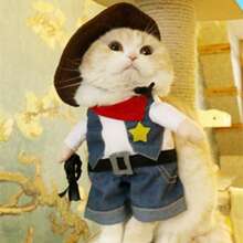 PETSIN 1 PC Halloween Pet Cowboy Costume Cosplay With A Hat, Cat And Small Dog In Two Pieces Clothing - Blue - View 3