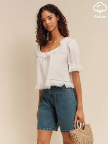 lacRébo White Cotton Blouse With Embroidered Details Front Buttoning Summer Holiday Work Brunch Vacation Office Top Cottagecore Romantic - White - View 5