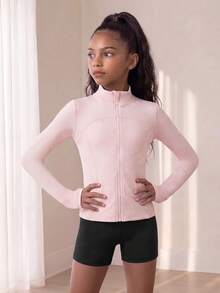 SHEIN 少女運動服，粉色彈性防曬瑜伽外套，適用於瑜伽、普拉提、跑步和戶外運動 - 淺粉色 - 查看 7