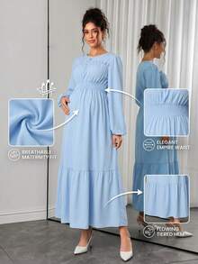 Momance Women's Long Sleeve Ruffle Hem Casual Maternity Elegant Solid Color Dress Photoshoot Dusty Blue Spring Fall - Blue - View 7