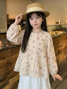 DAZY Blusa de cuello redondo con estampado floral lindo de manga larga para otoño para niñas jóvenes - Beis - Ver 8