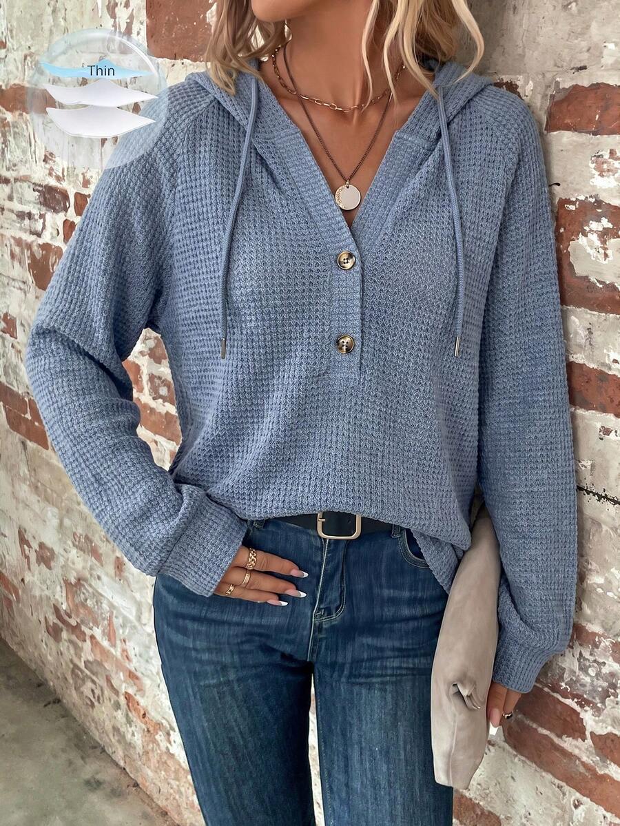 SHEIN LUNE Women's Solid Color Raglan Long Sleeve Button Half-Placket Drawstring Hooded Sweatshirt - Blue - View 1