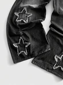 ROMWE MEN Anime Men's Plus Size Fashion Versatile Button Pocket Frayed Hem Jeans - Black - View 6