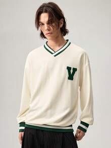Aesthetic Post--Men's Casual Fashion Letter Flocking Loose V-Neck Sweatshirt Y2k Jersey Sweatshirt, For Tennis, For Fall, Long Sleeve Top - Apricot - View 5