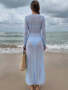 Swim Vcay Women's French Style Sheer Long Sleeve Tie Front Kimono Robe Cover Up - Dusty Blue - View 2