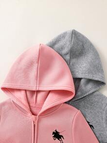 SHEIN 最便宜女童買1送1，2件/組，女童純色連帽寬鬆休閒衛衣，度假風，休閒學院風，適合秋冬，日常休閒穿著，校園穿著，聖誕節，女童冬季服飾，聖誕套裝，派對套裝，日常校園穿著 - 粉色 - 查看 3