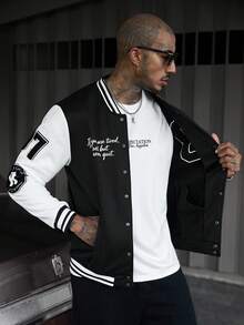 SLATEMANN Men's Letter Pattern Striped Long Sleeve Single-Breasted Baseball Jacket - Black - View 8